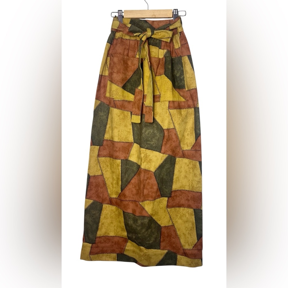 Vintage 70s Patchwork Patterned Maxi Wrap Skirt -… - image 1